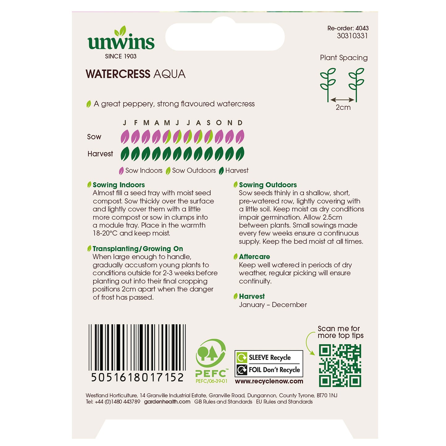 Unwins Watercress Aqua Seeds back of pack