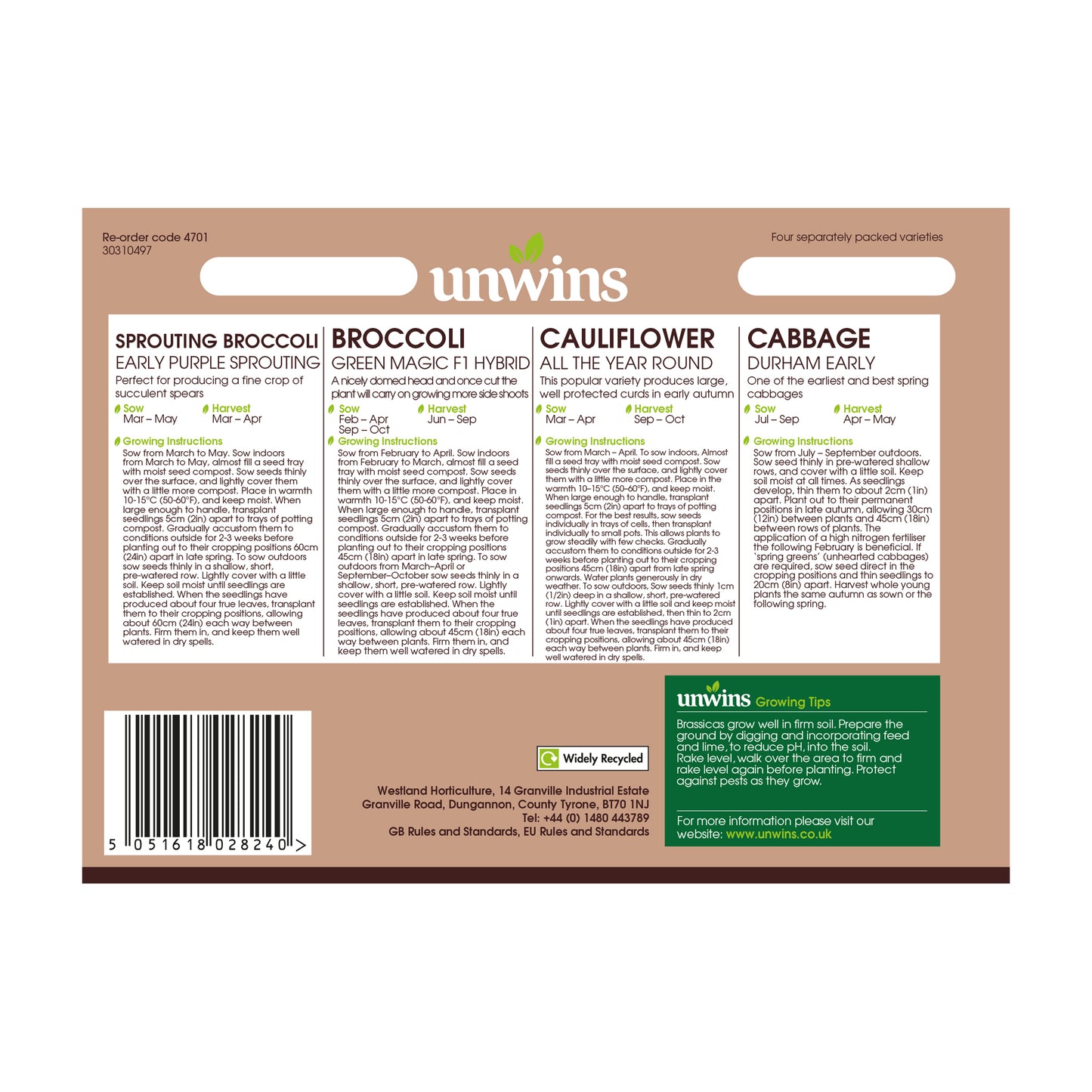 Unwins Brassica Collection Pack Seeds Back