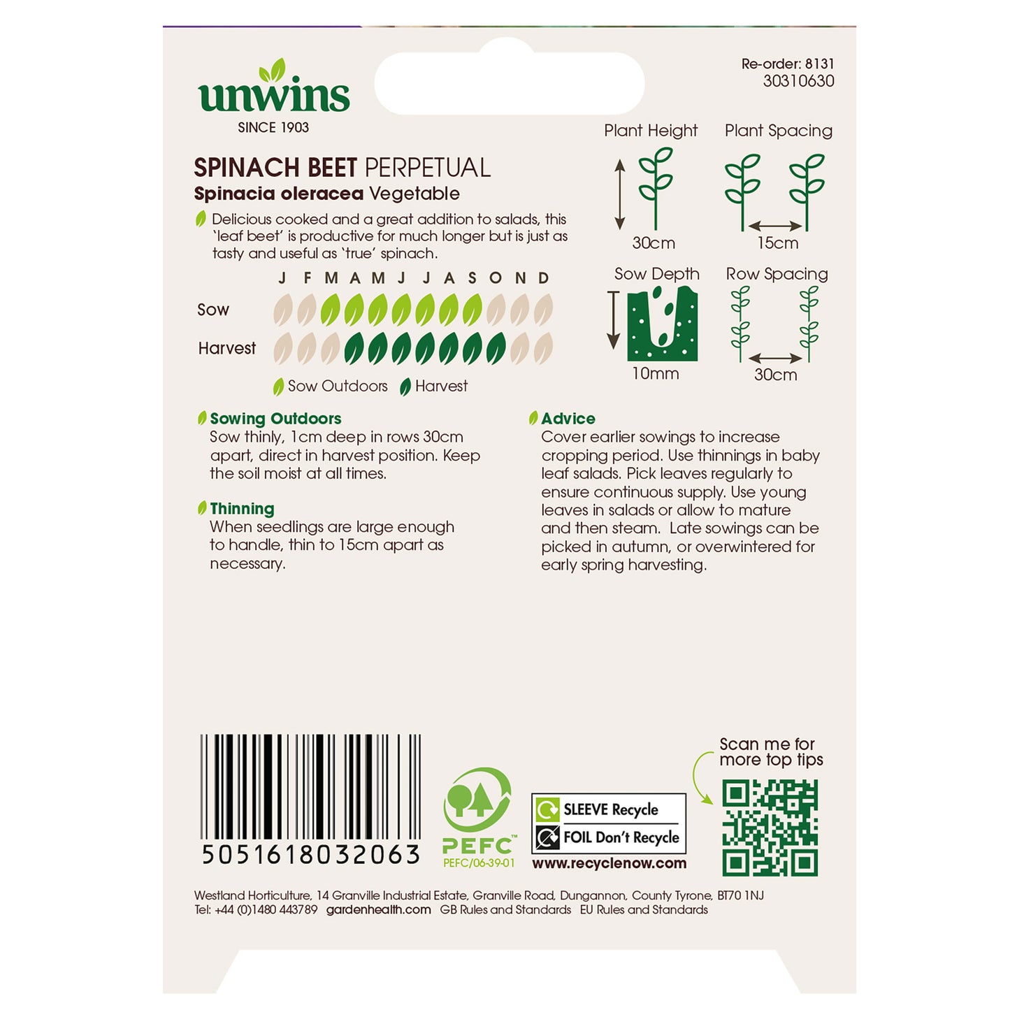 Unwins Spinach Beet Perpetual Seeds back of pack