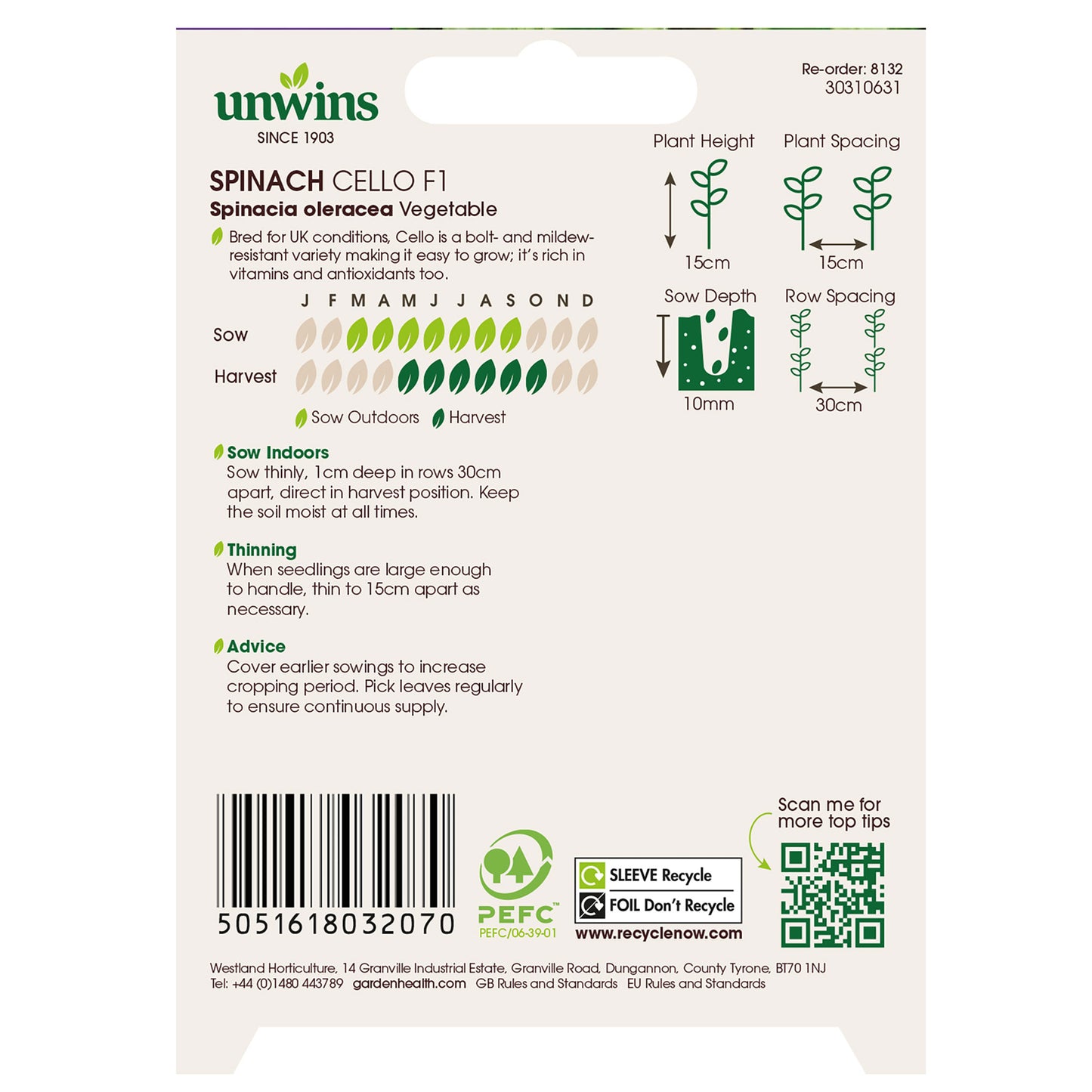 Unwins Spinach Cello F1 Seeds back of pack