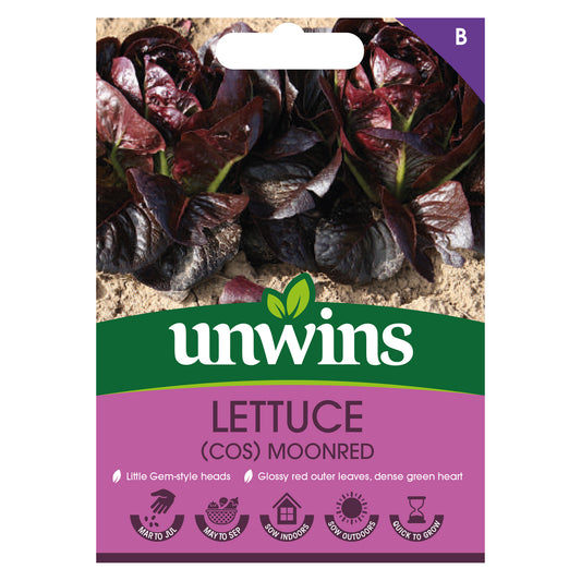 Unwins Cos Lettuce Moonred Seeds front of pack