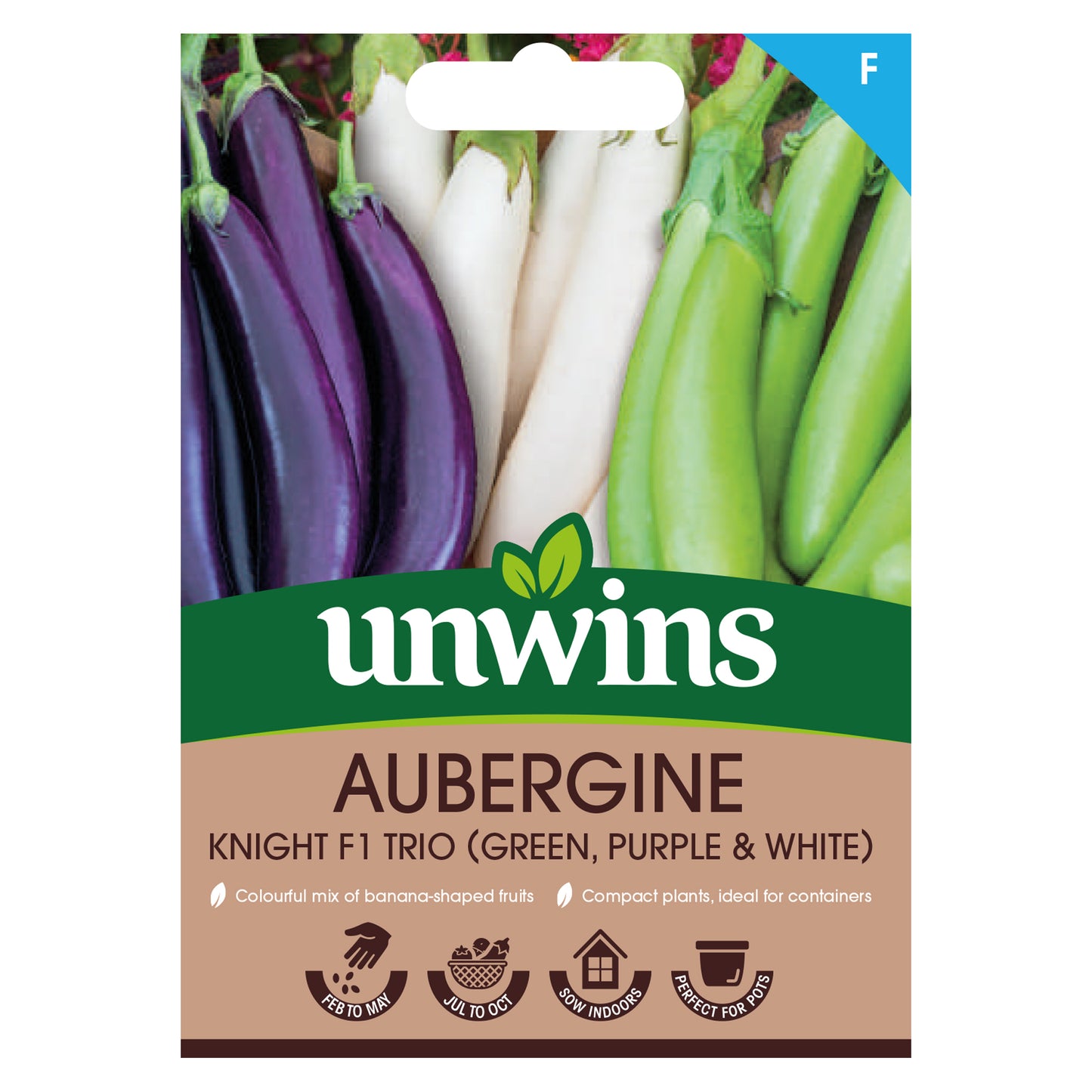 Unwins Aubergine Knight F1 Trio (Green, Purple & White) Seeds Front