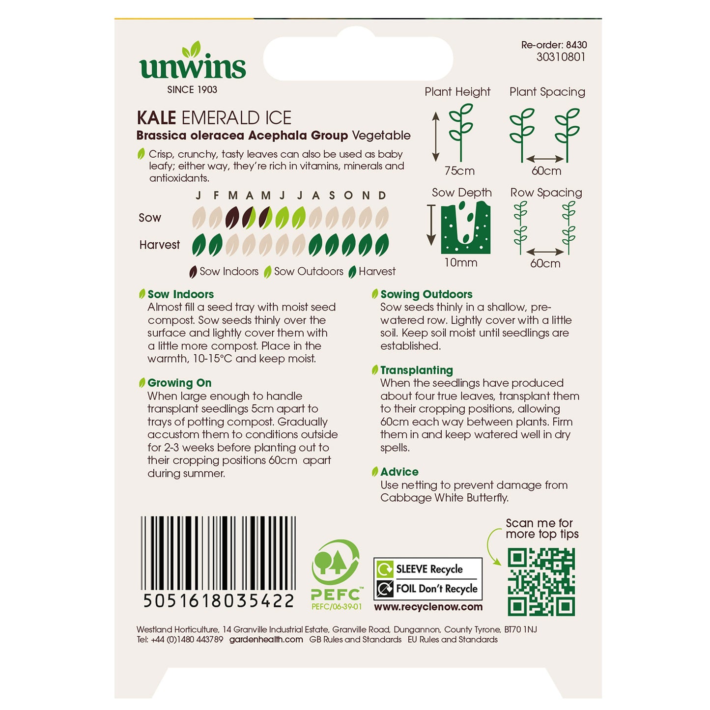 Unwins Kale Emerald Ice Seeds back of pack