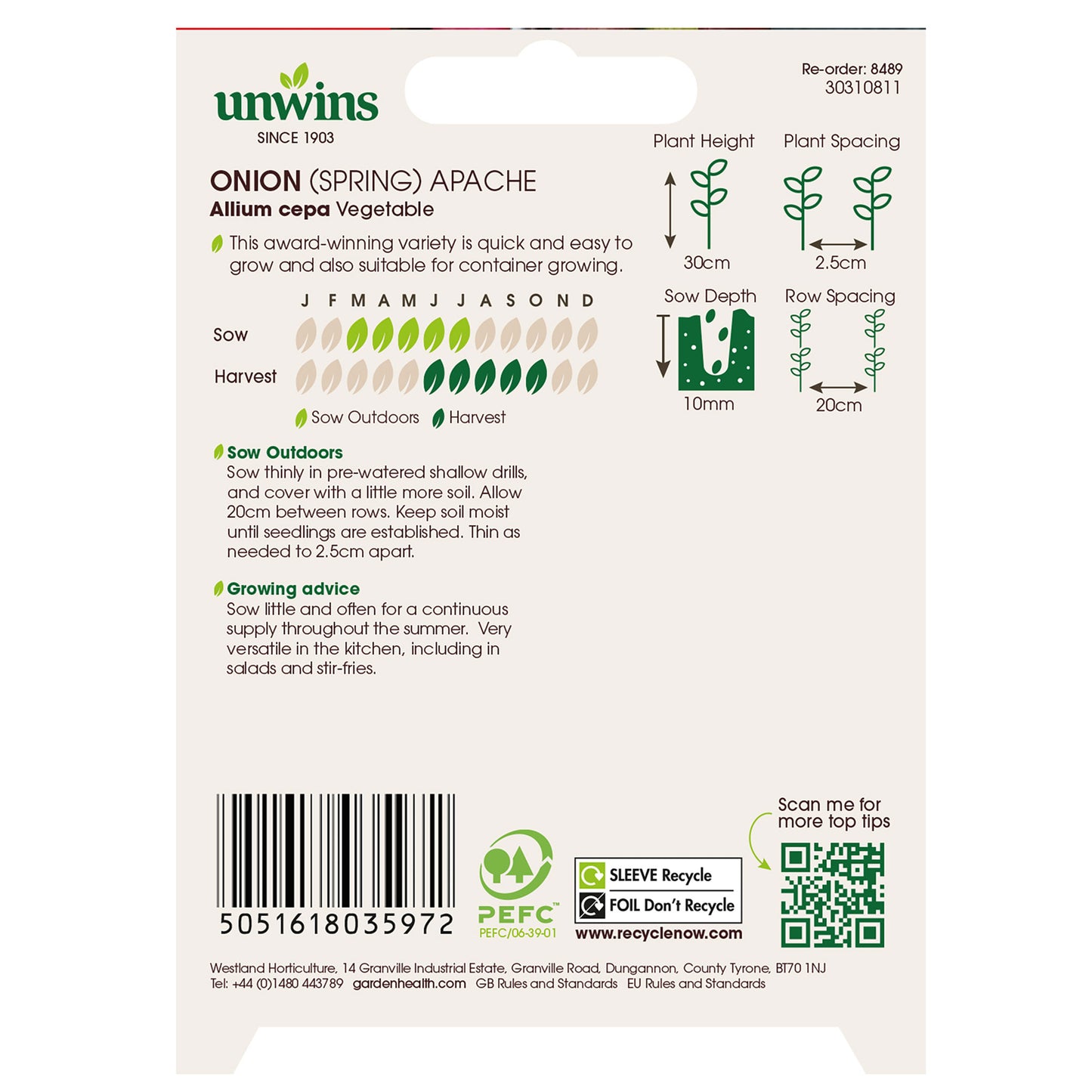 Unwins Spring Onion Apache Seeds back of pack