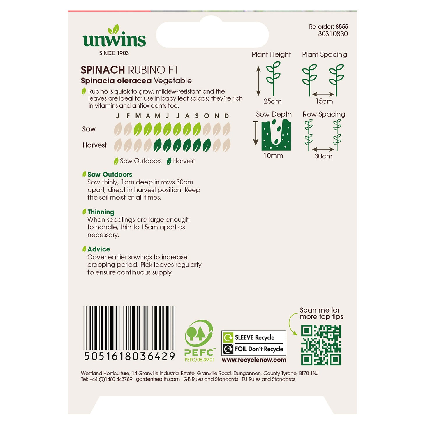 Unwins Spinach Rubino F1 Seeds back of pack