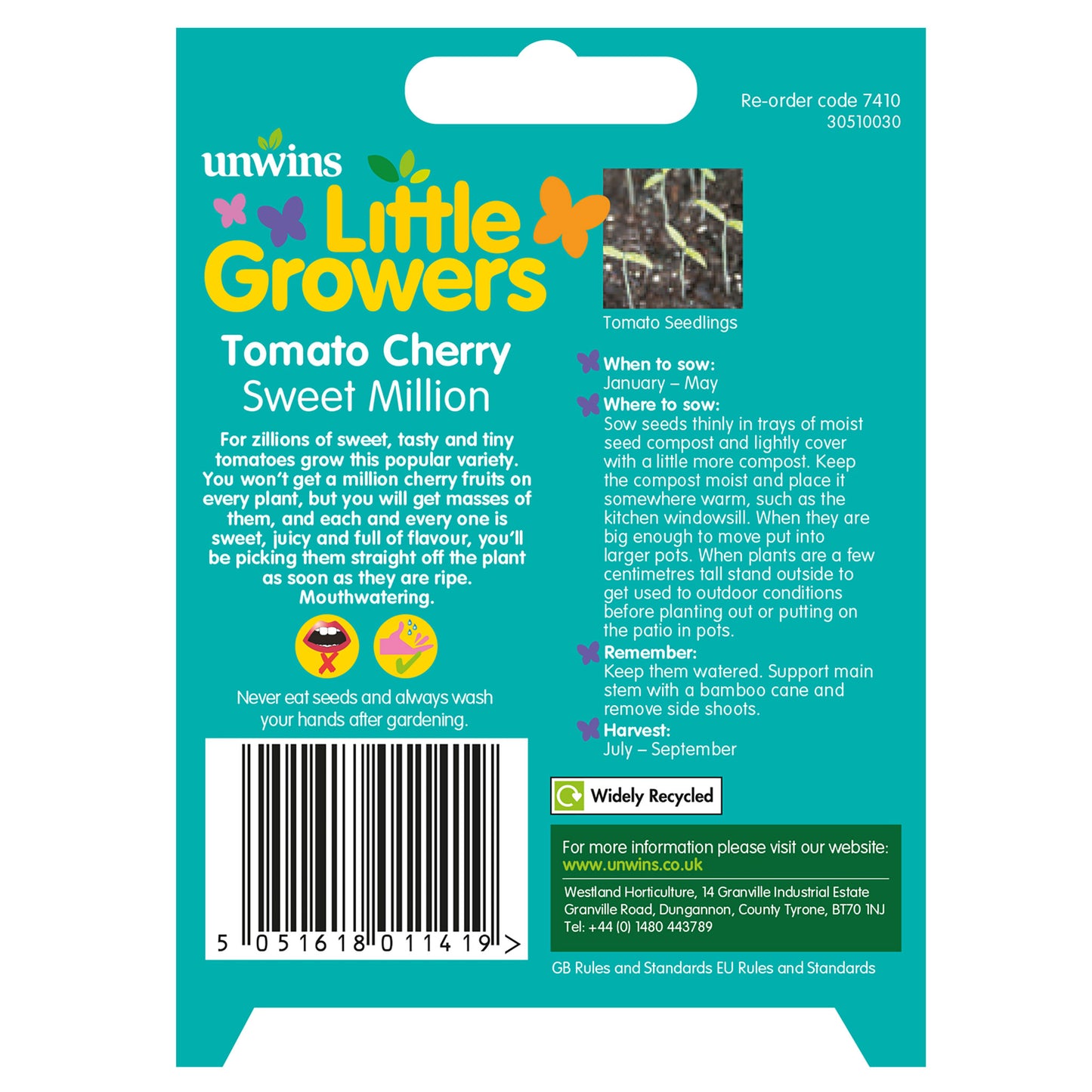 Little Growers Tomato Cherry Sweet Million Seeds back of pack