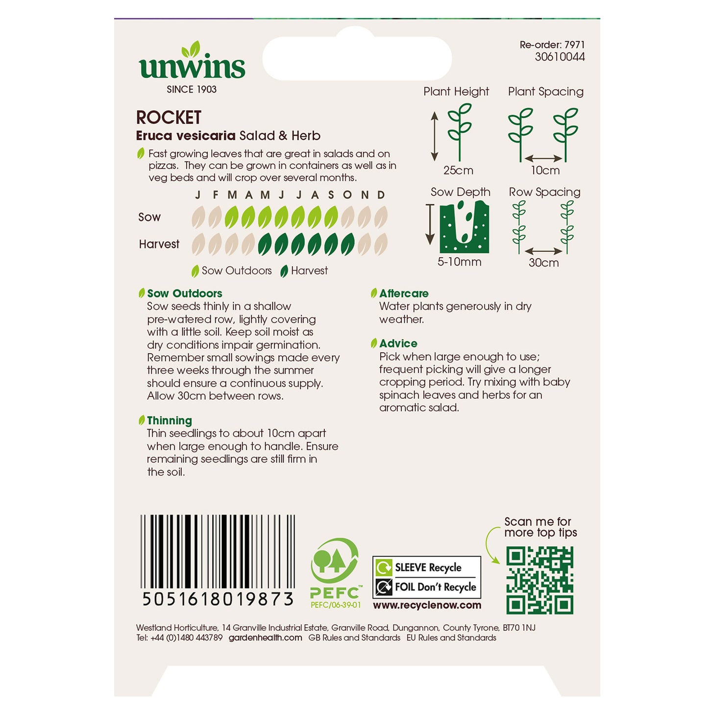 Unwins Organic Rocket Seeds back of pack