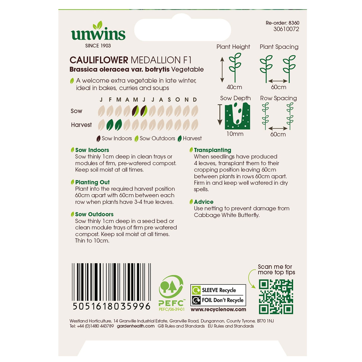 Unwins Organic Cauliflower Medallion F1 Seeds Back