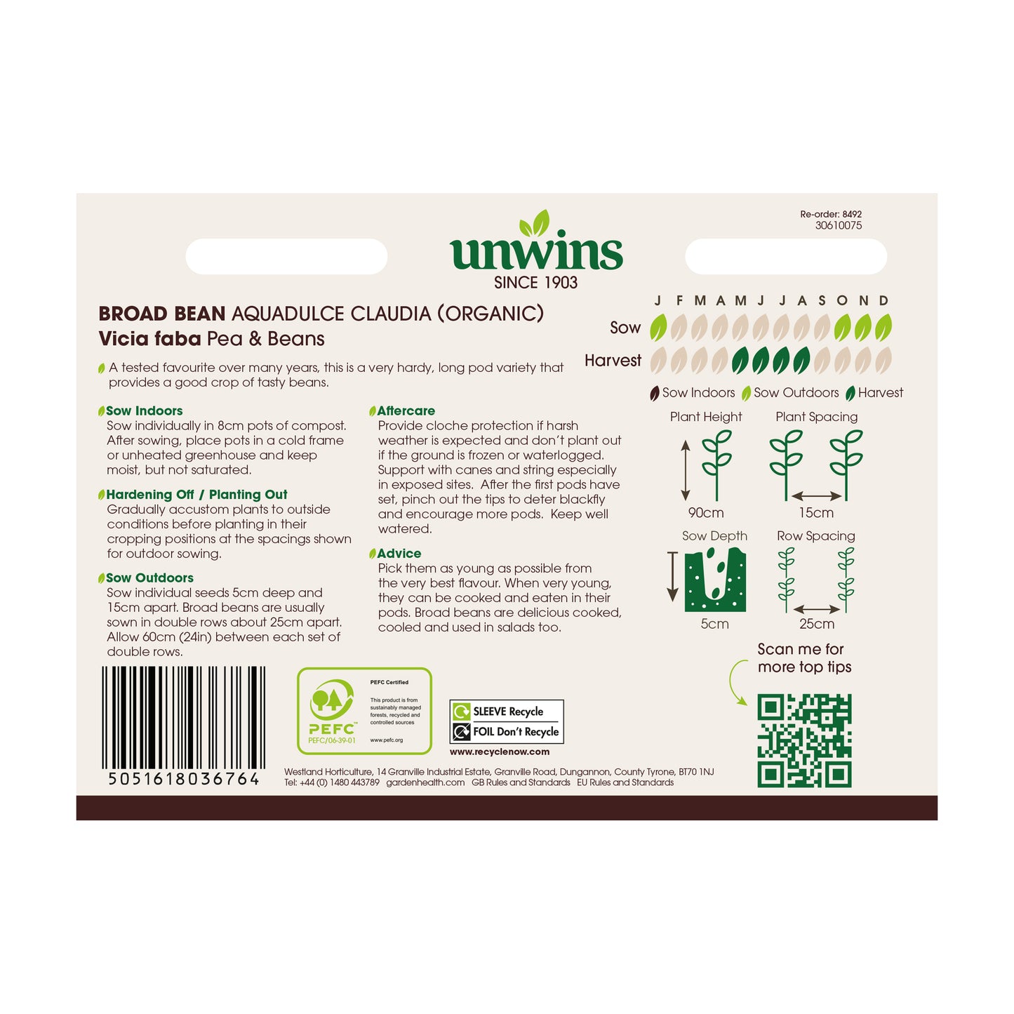 Unwins Organic Broad Bean Aquadulce Claudia Seeds Back