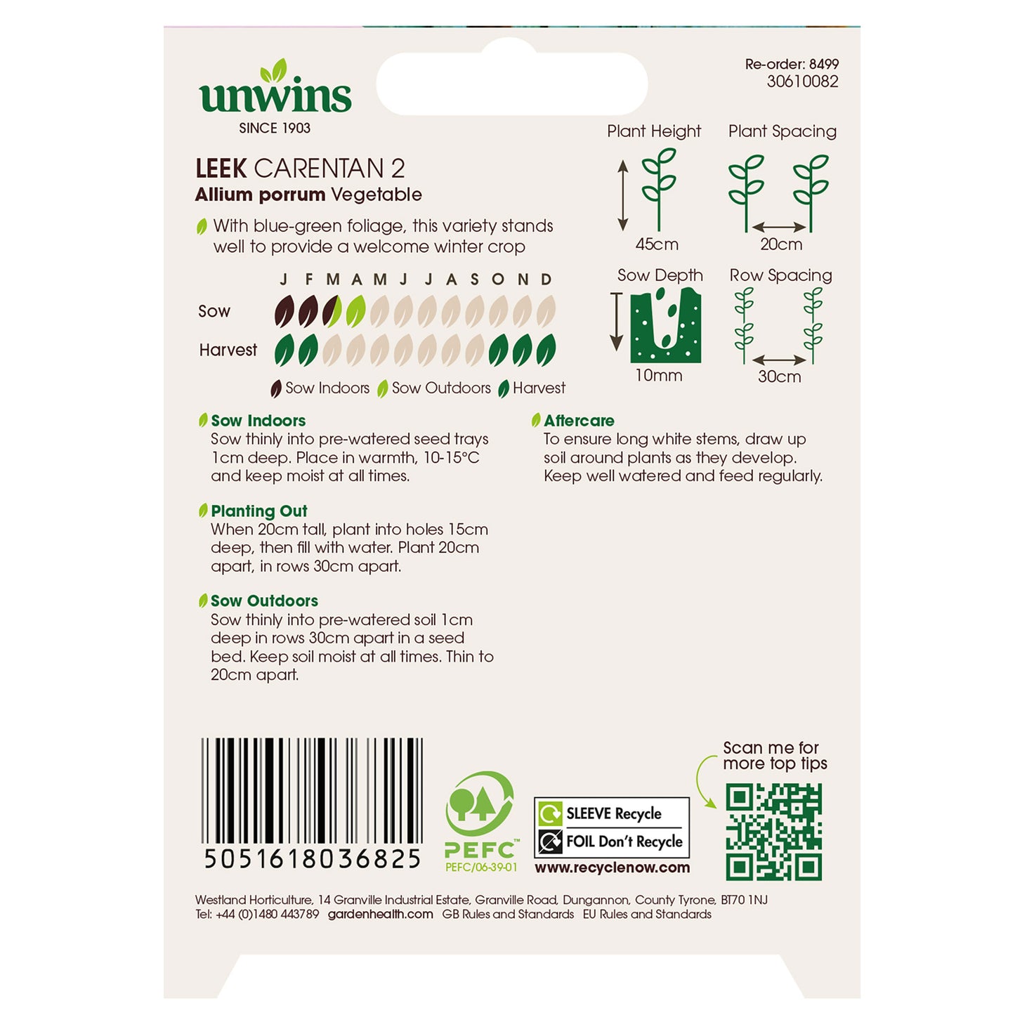 Unwins Organic Leek Carentan 2 Seeds back of pack