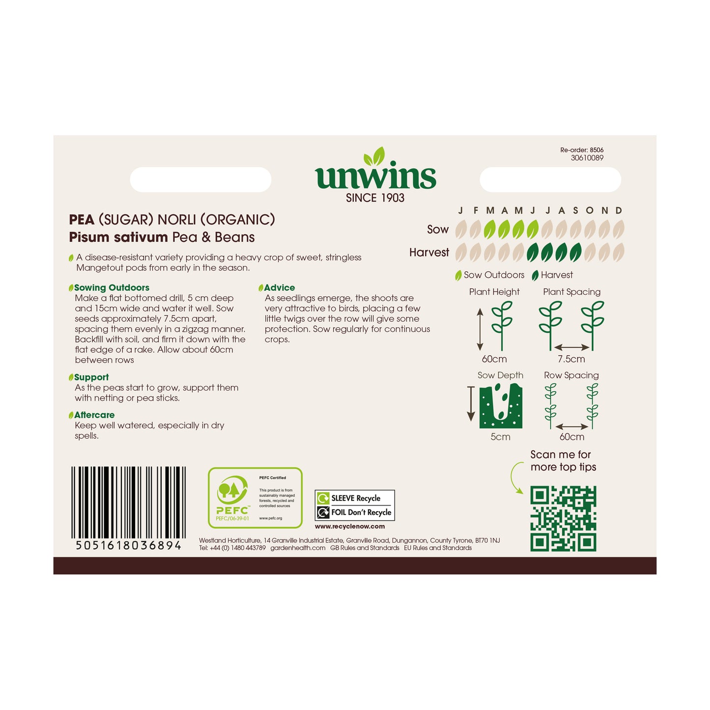 Unwins Organic Sugar Pea Norli Seeds back of pack