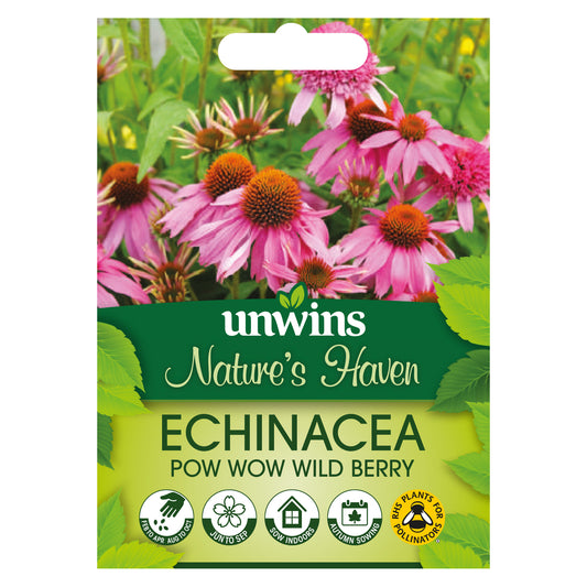 Nature's Haven Echinacea Pow Wow Wild Berry Seeds front of pack