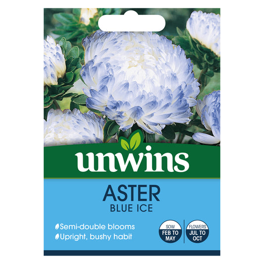 Unwins Aster Blue Ice Seeds front of pack