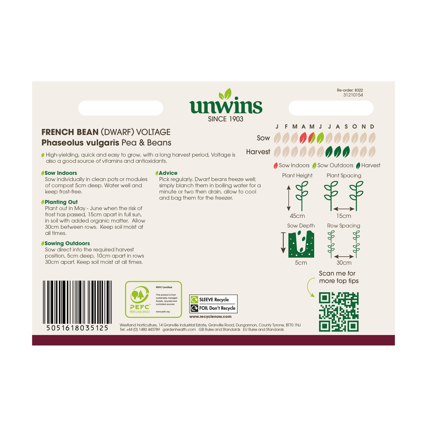 Unwins Dwarf French Bean Voltage Seeds back of pack